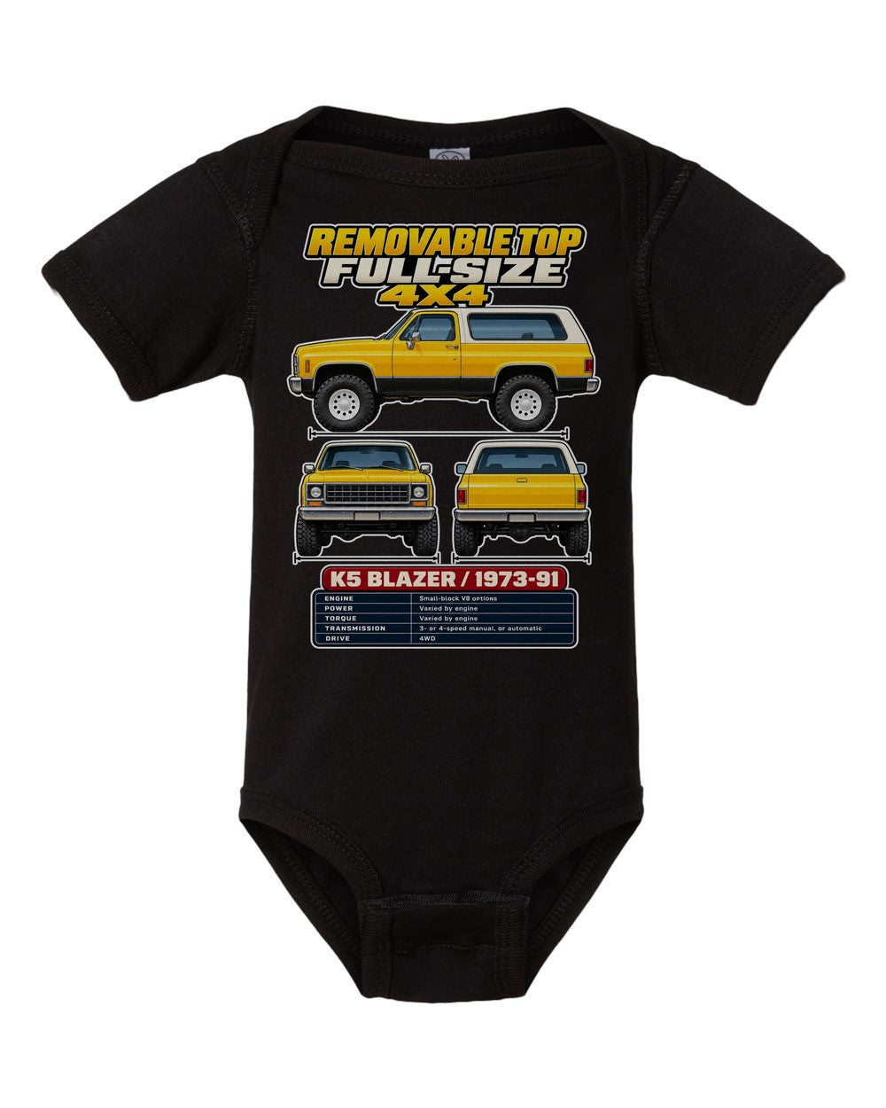 Chevrolet K5 Blazer spec sheet black baby onesie front view
