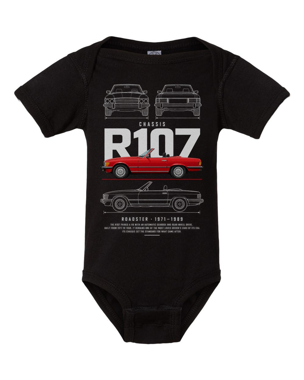R107 artwork black baby onesie front view