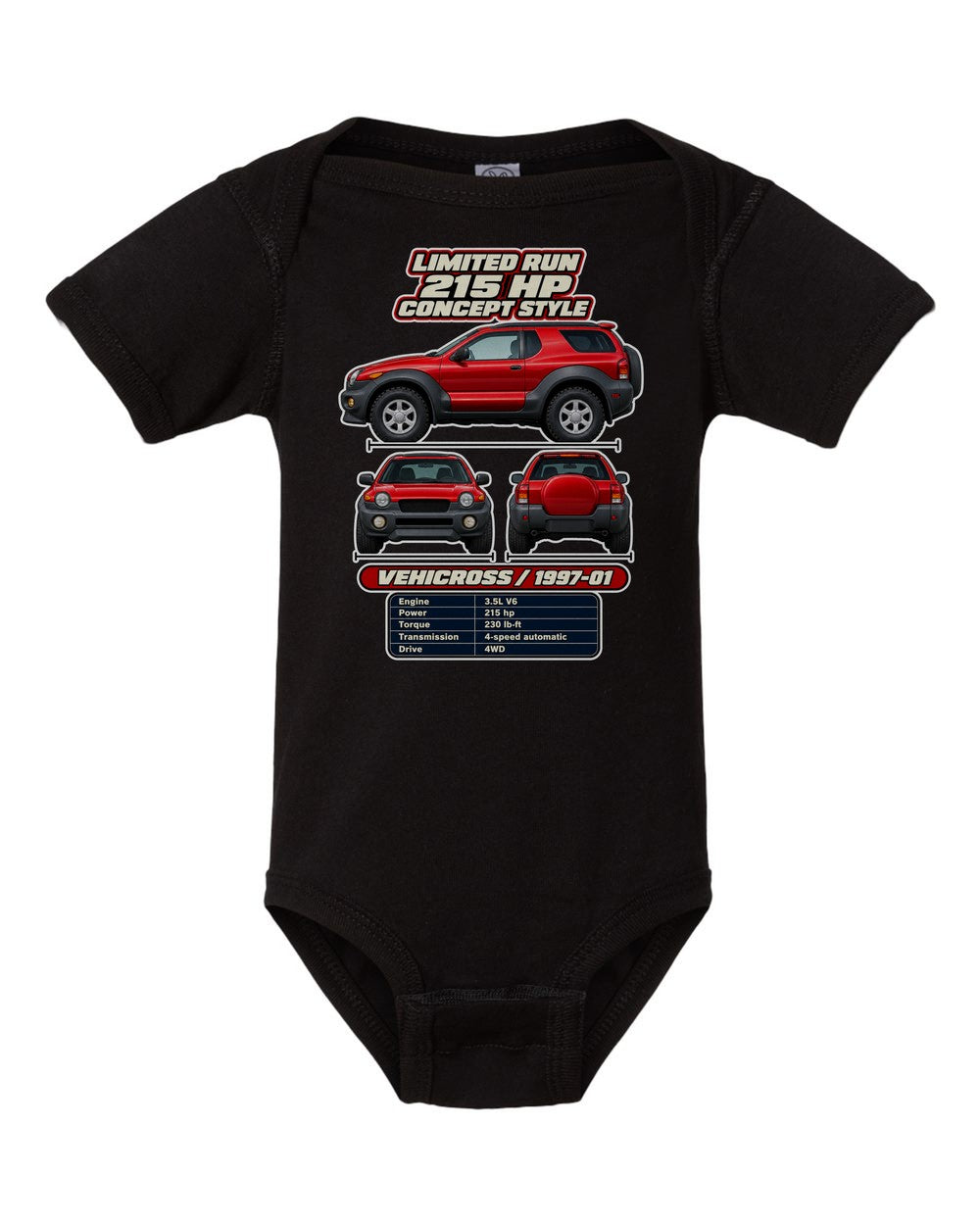 Isuzu Vehicross spec sheet black baby onesie front view
