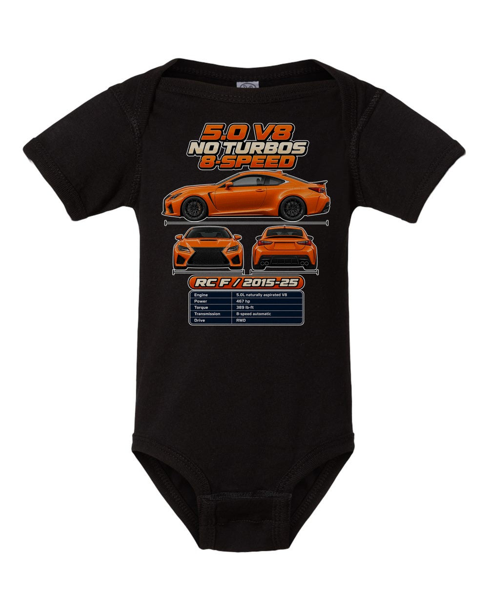 Lexus Rc F spec sheet black baby onesie front view