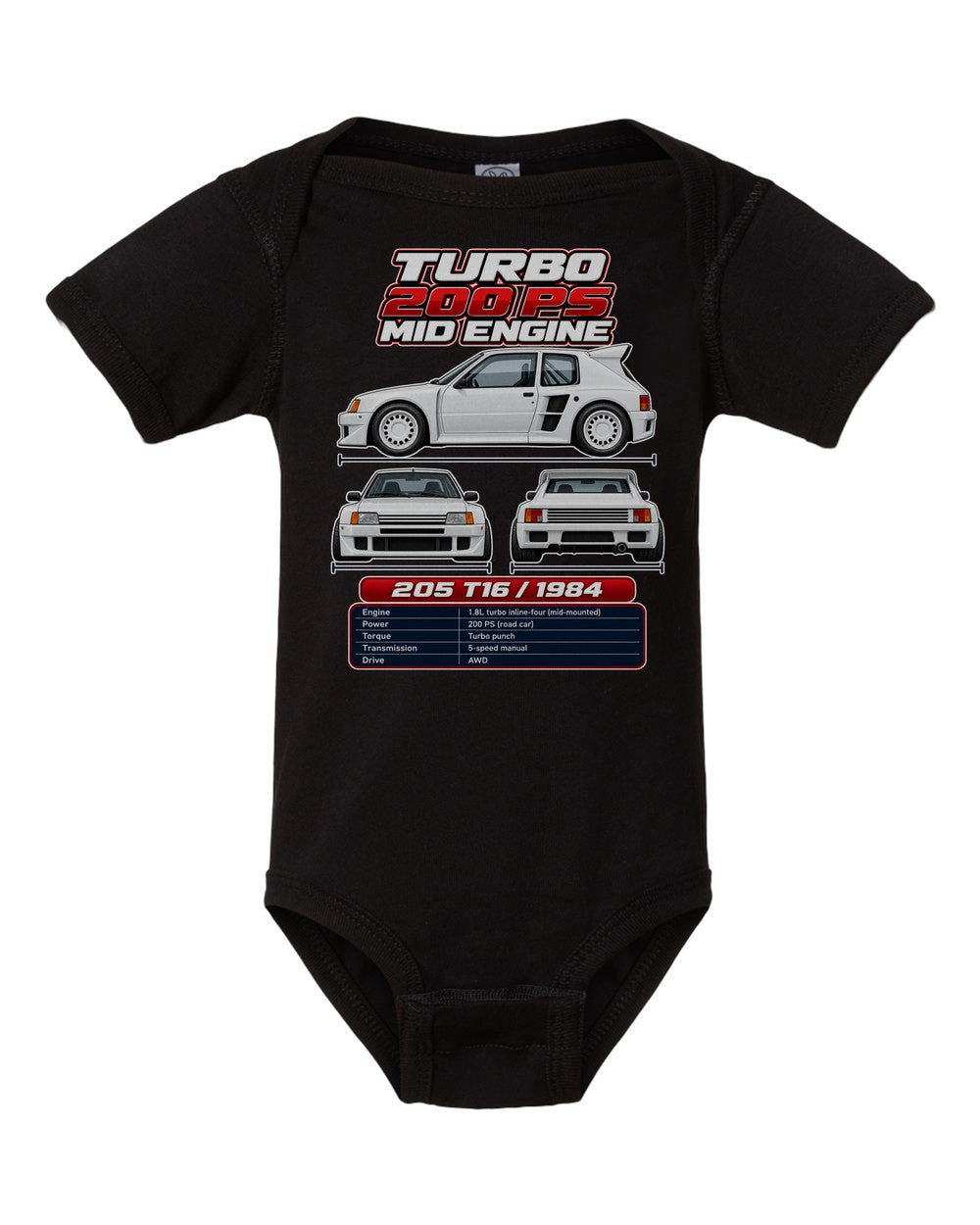 Peugeot 205 Turbo 16 spec sheet black baby onesie front view