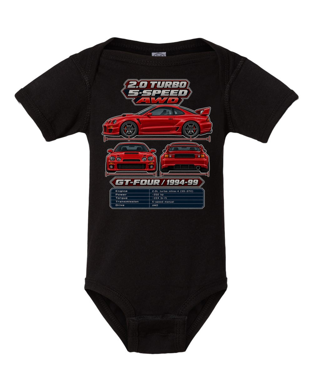 Toyota Celica Gt Four St205 spec sheet black baby onesie front view
