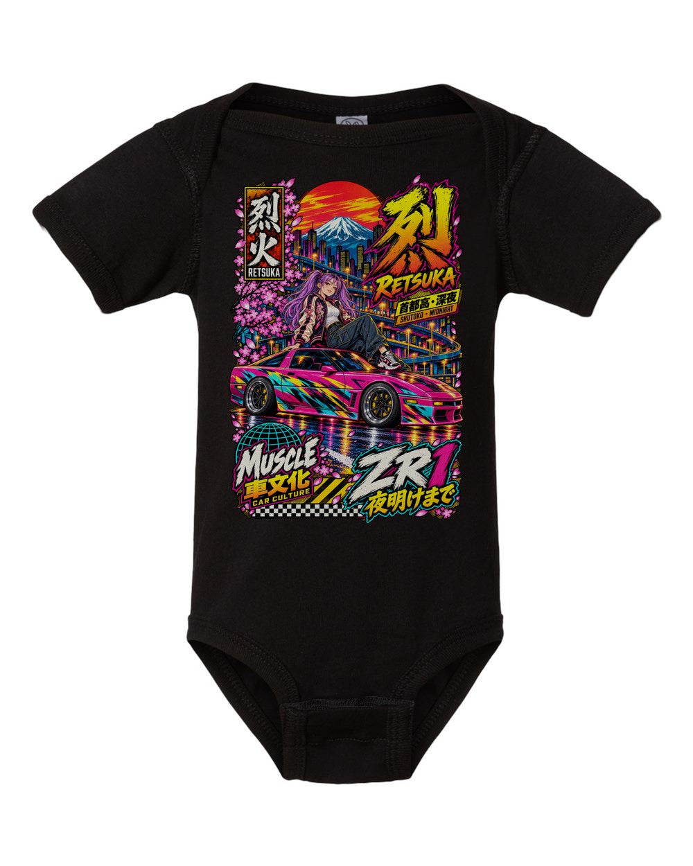 RETSUKA ZR1 black baby onesie front view with artwork