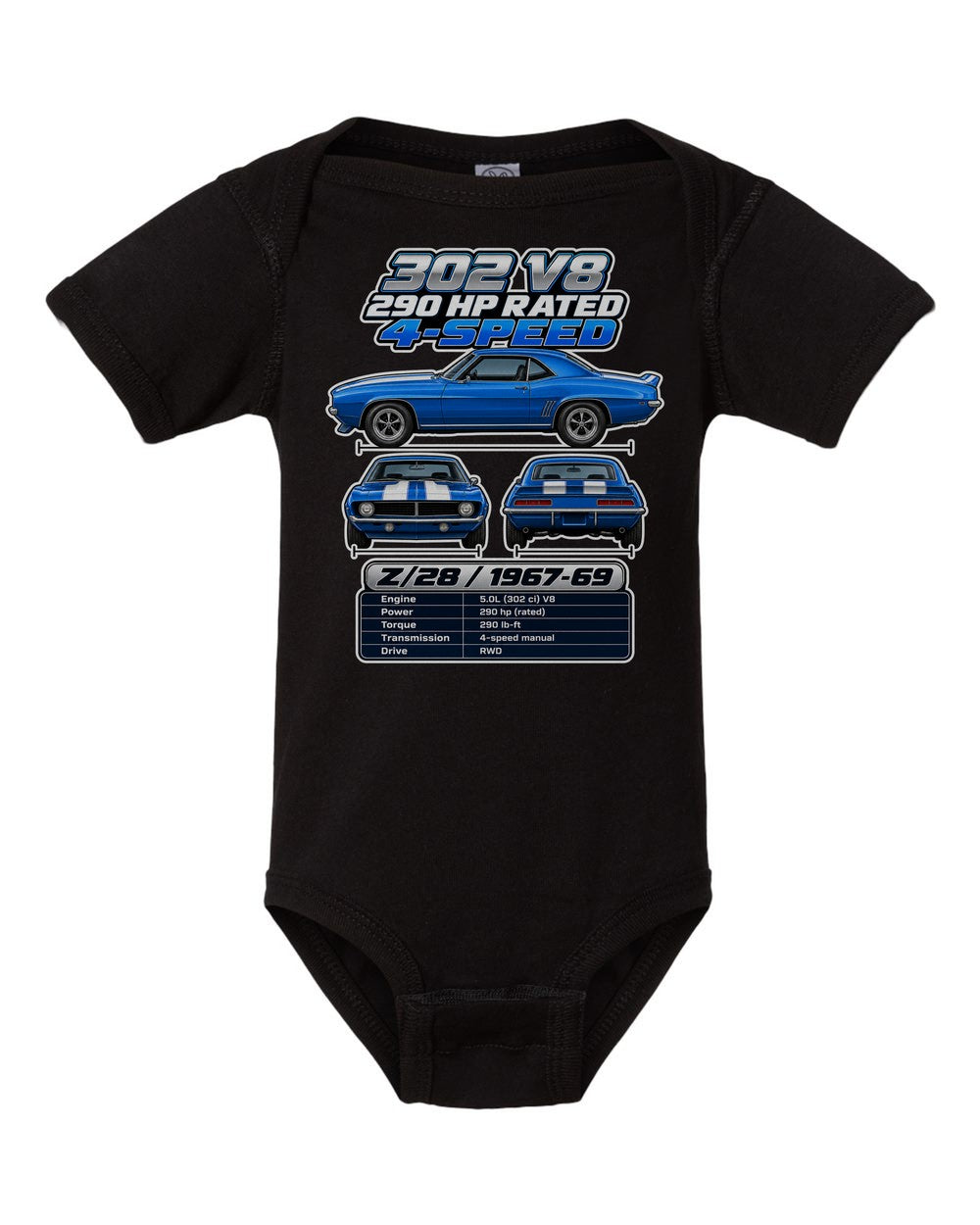 Chevrolet Camaro Z28 1967 spec sheet black baby onesie front view