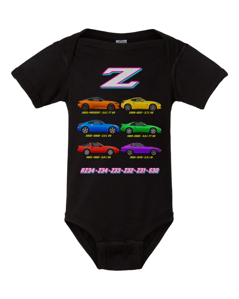 Nissan Z evolution poster black baby onesie front view
