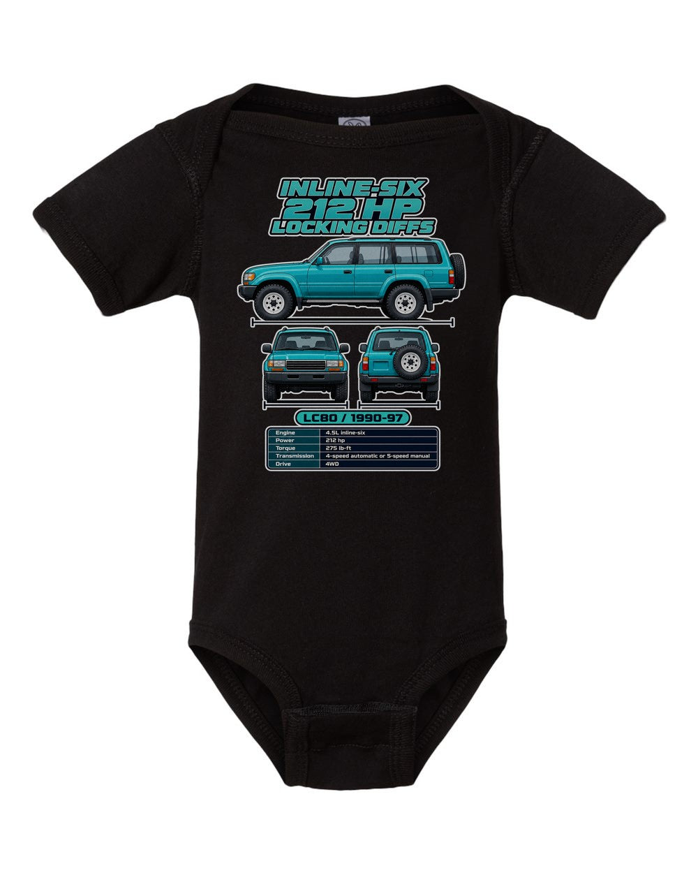 Toyota Land Cruiser 80 spec sheet black baby onesie front view
