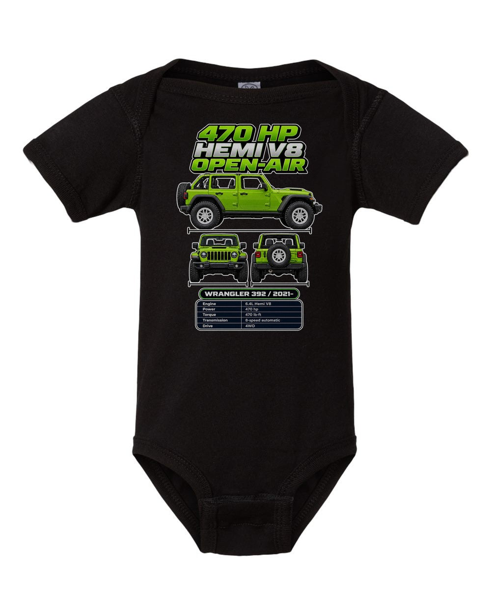Jeep Wrangler 392 spec sheet black baby onesie front view