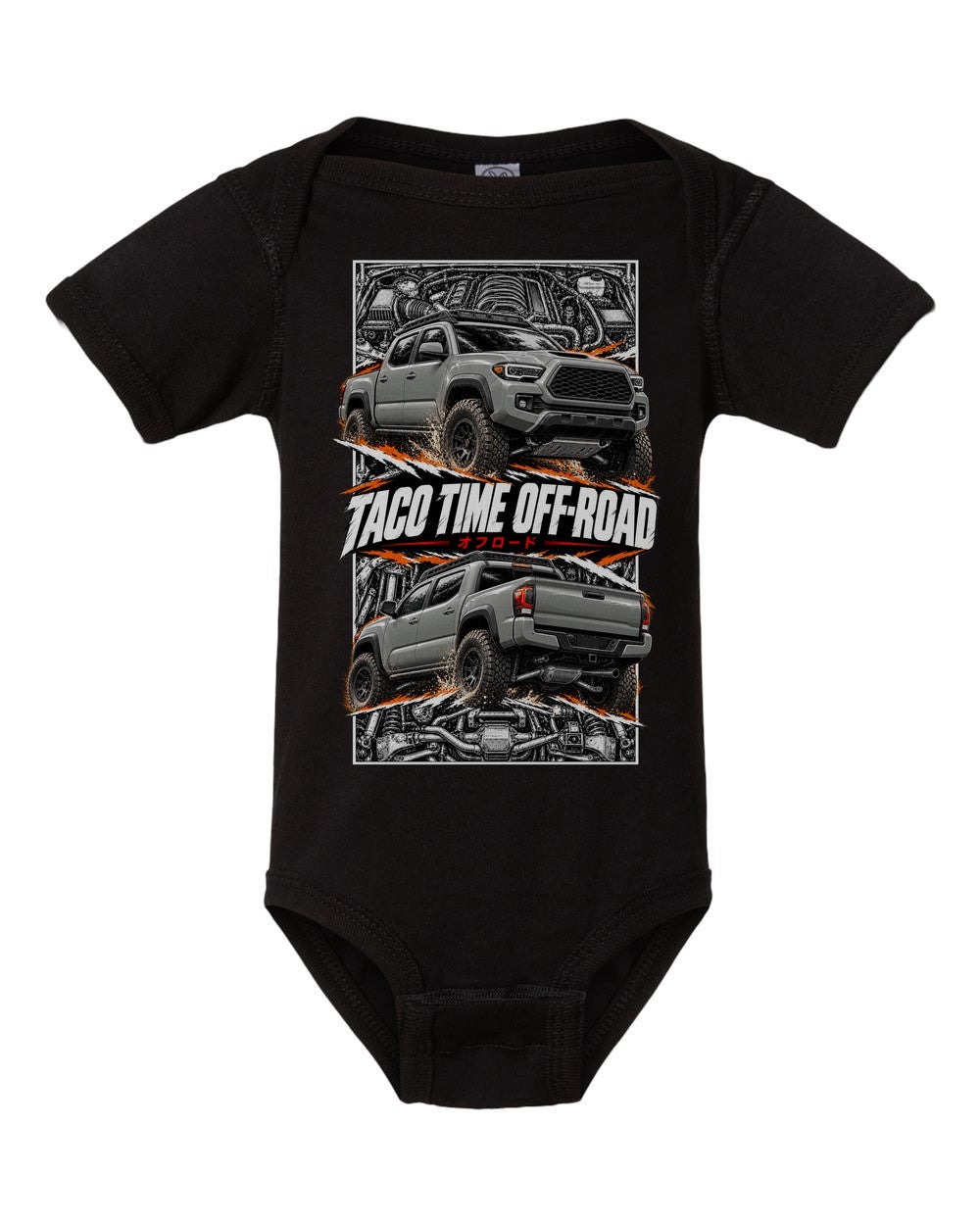 Toyota Tacoma TRD torn poster black baby onesie front view