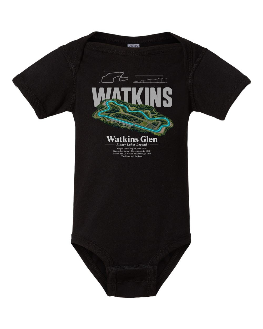 Watkins Glen black baby onesie front view