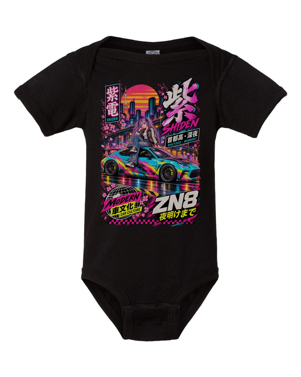 SHIDEN ZN8 black baby onesie front view with artwork
