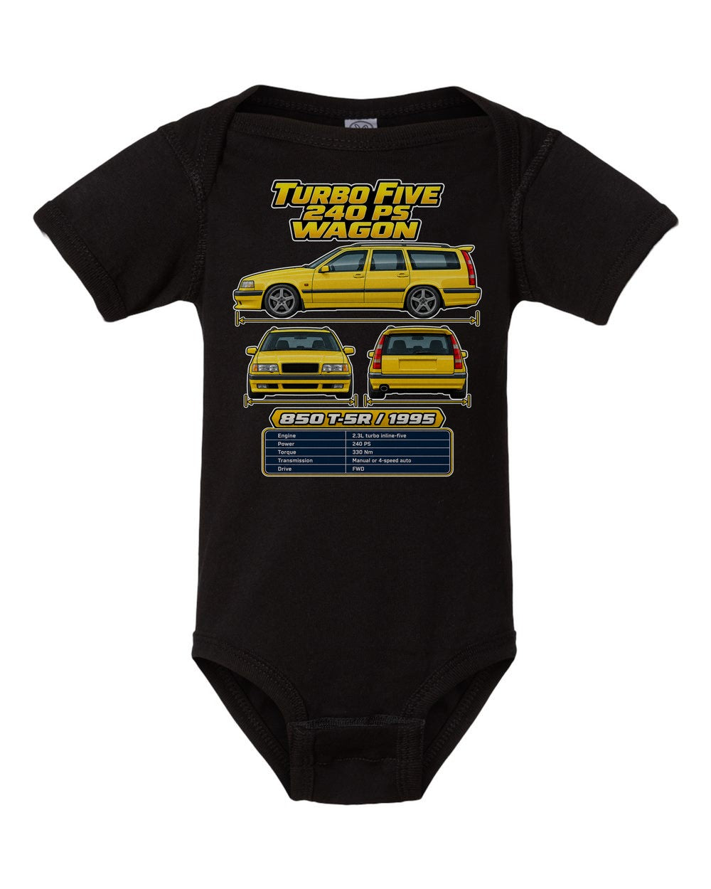 Volvo 850 T5 R spec sheet black baby onesie front view