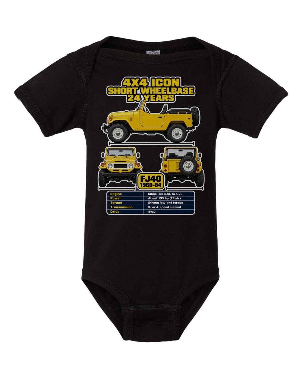 Toyota Fj40 spec sheet black baby onesie front view