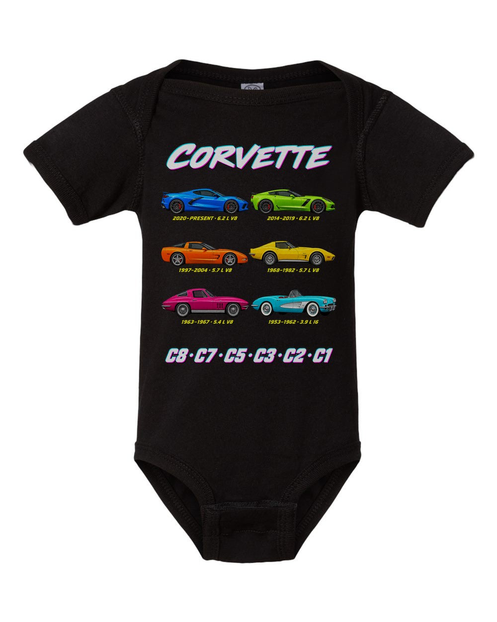 Chevy Corvette evolution poster black baby onesie front view