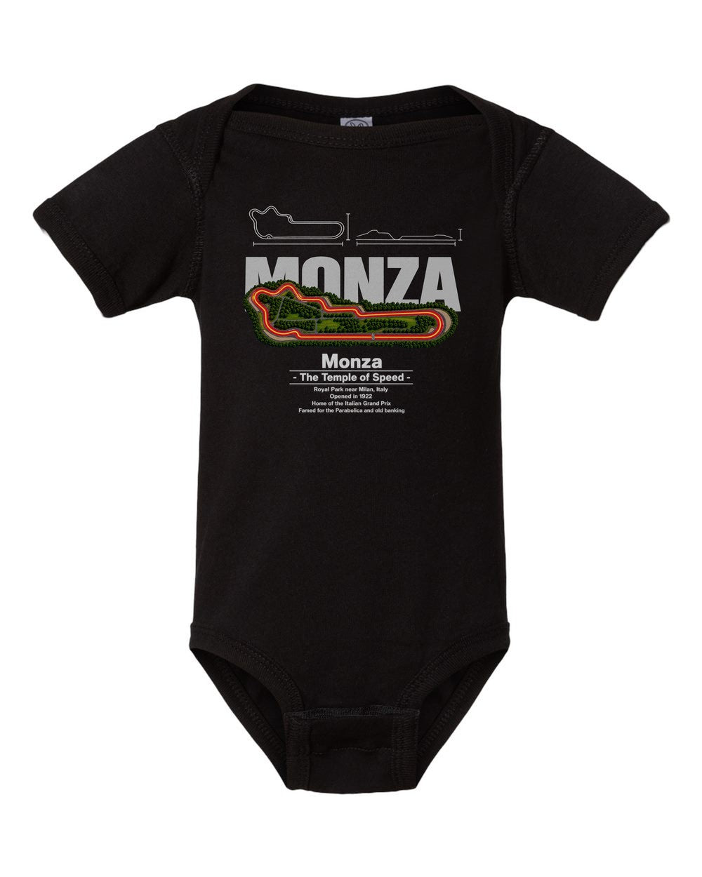 Monza black baby onesie front view
