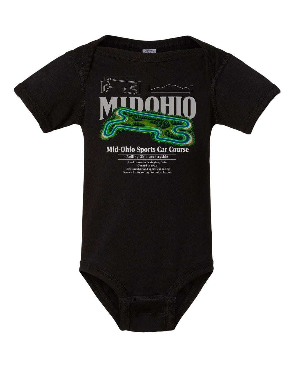 Mid-Ohio Sports Car Course black baby onesie front view