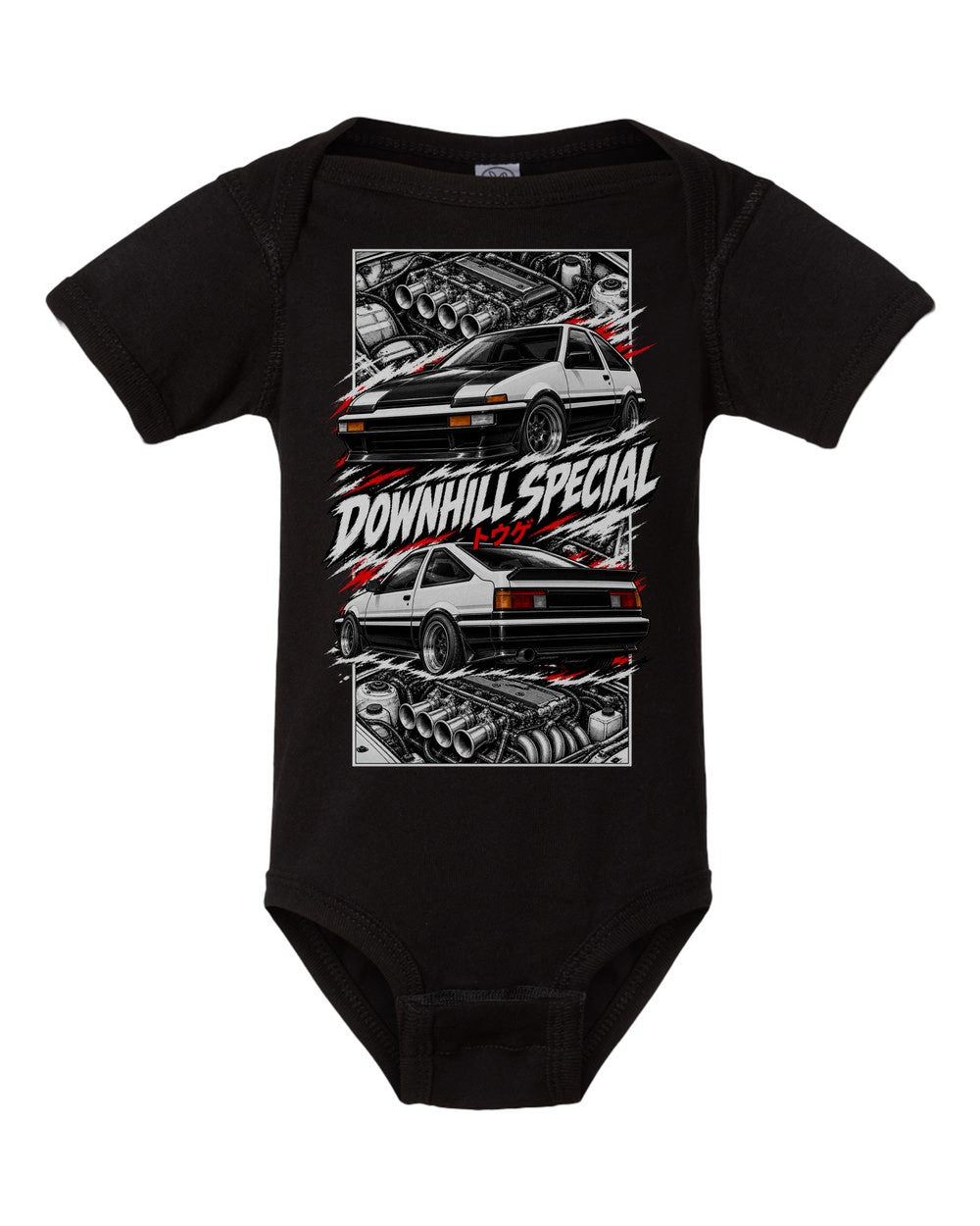 Toyota Ae86 torn poster black baby onesie front view
