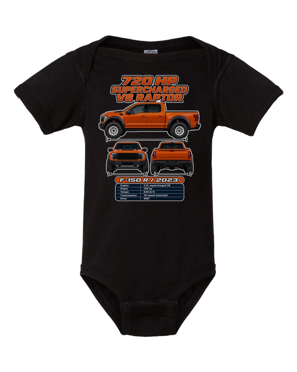 Ford F150 Raptor R spec sheet black baby onesie front view