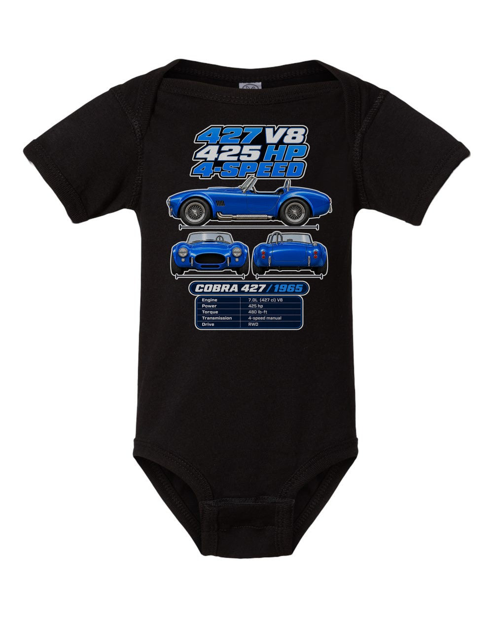 Shelby Cobra 427 spec sheet black baby onesie front view