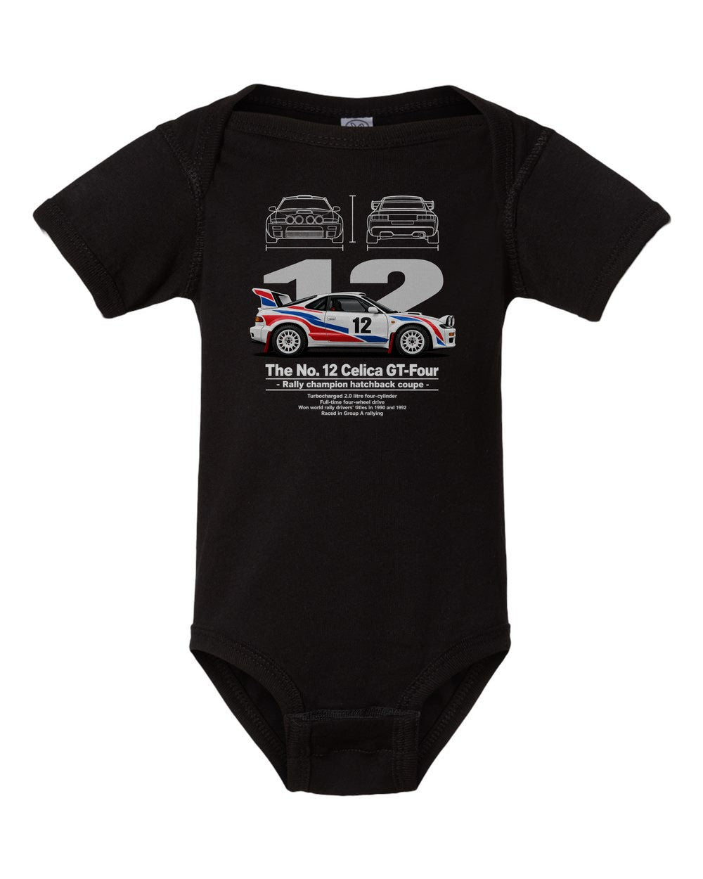 No. 12 Celica GT-Four black baby onesie front view