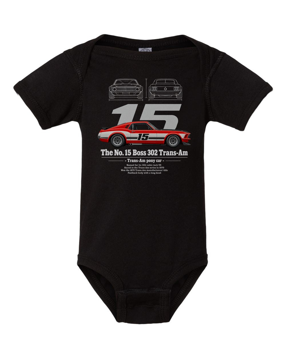 No. 15 Boss 302 Trans-Am black baby onesie front view