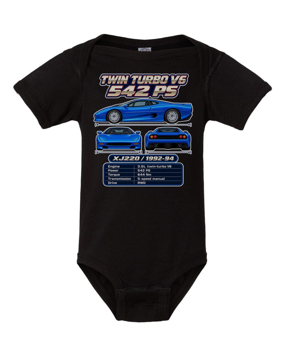 Jaguar Xj220 spec sheet black baby onesie front view