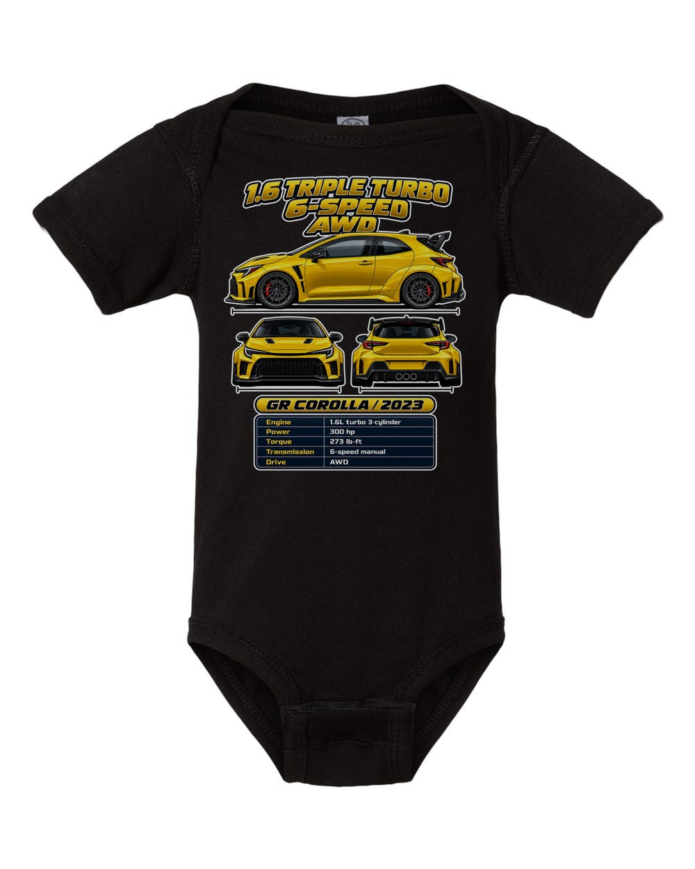 Toyota GR Corolla spec sheet black baby onesie front view