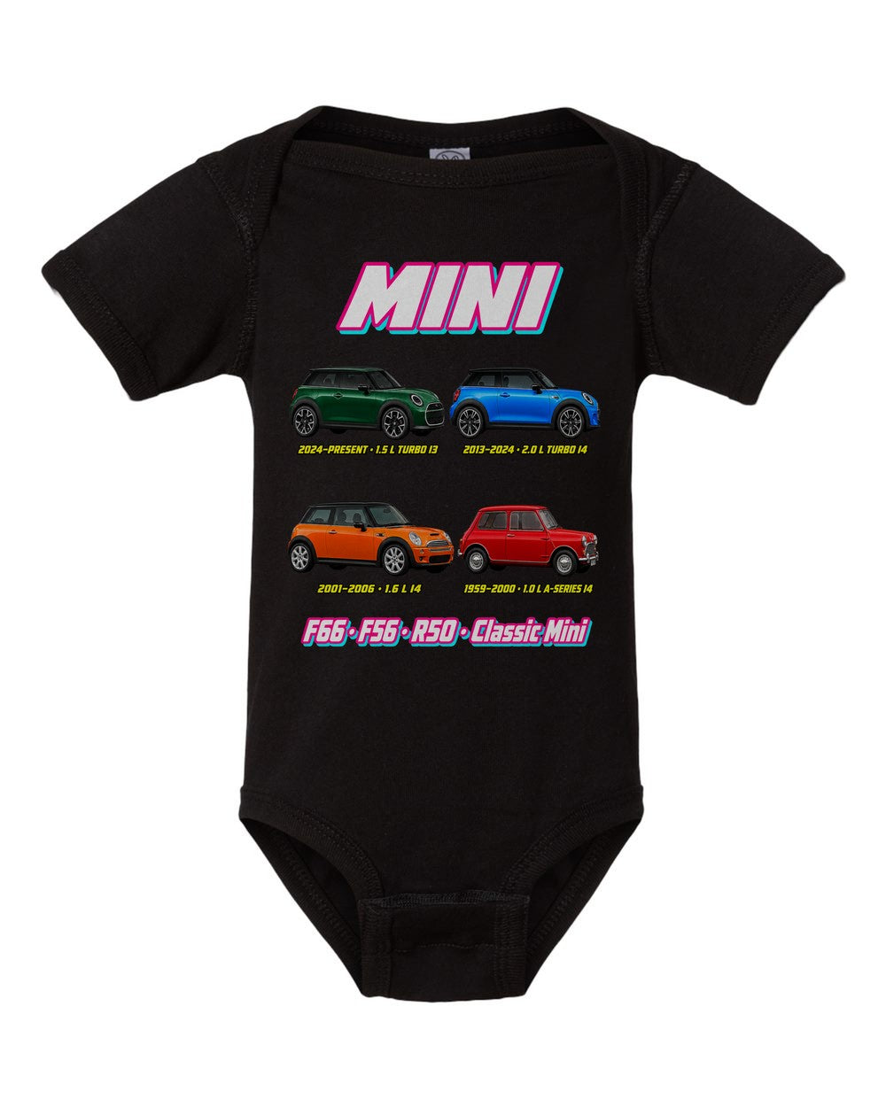 Mini Cooper evolution poster black baby onesie front view