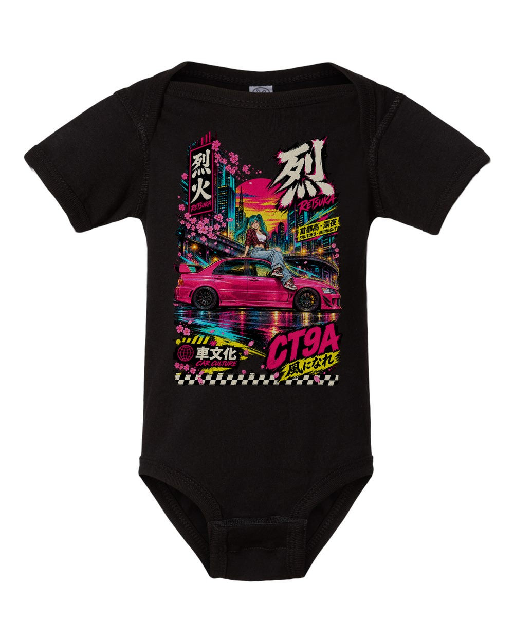 RETSUKA CT9A black baby onesie front view with artwork