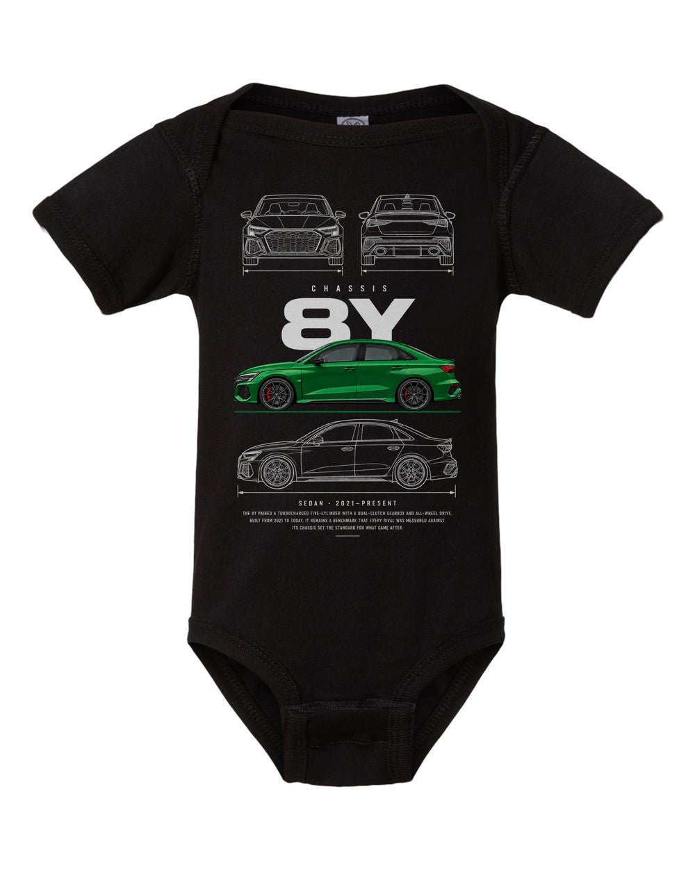 8Y artwork black baby onesie front view