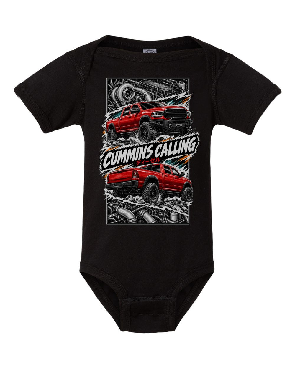 RAM Cummins torn poster black baby onesie front view