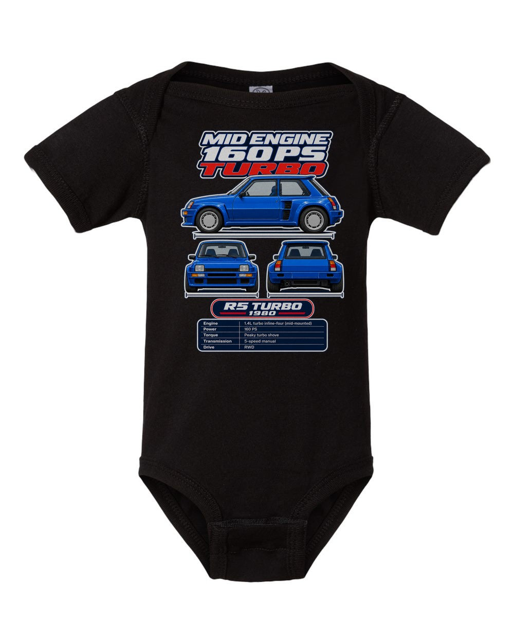 Renault 5 Turbo spec sheet black baby onesie front view