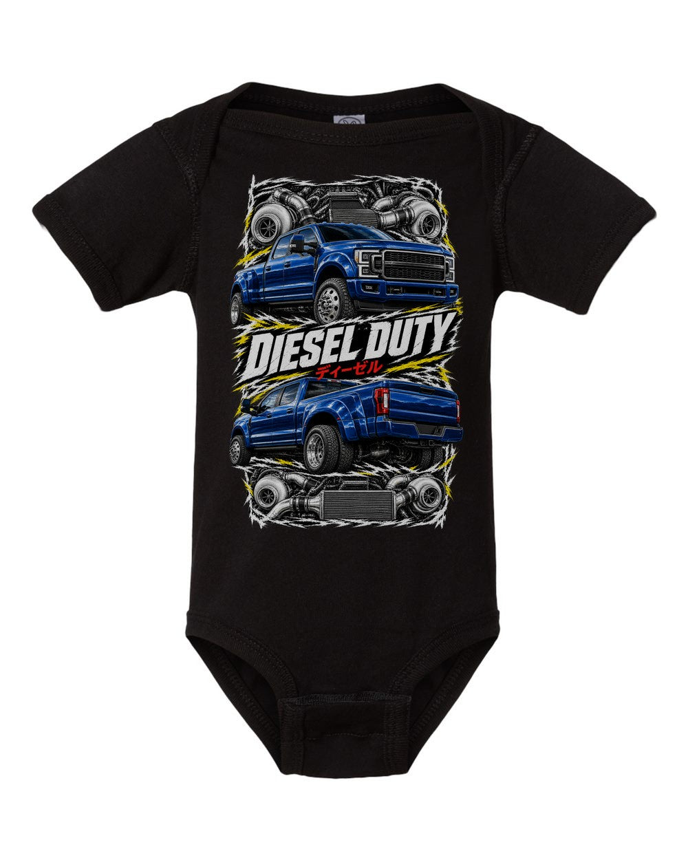 Ford F-250 Power Stroke torn poster black baby onesie front view