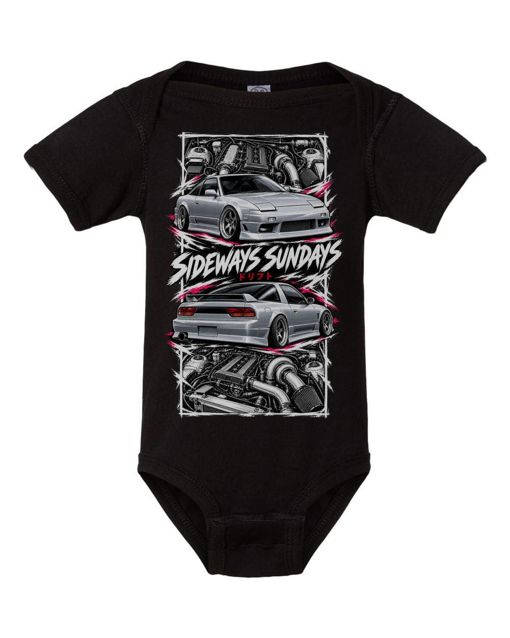 Nissan 180Sx S13 torn poster black baby onesie front view