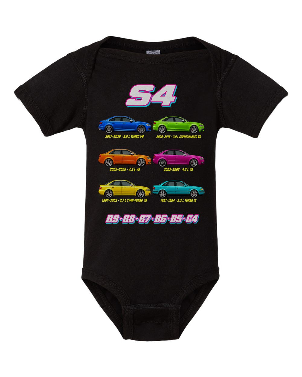 Audi S4 evolution poster black baby onesie front view