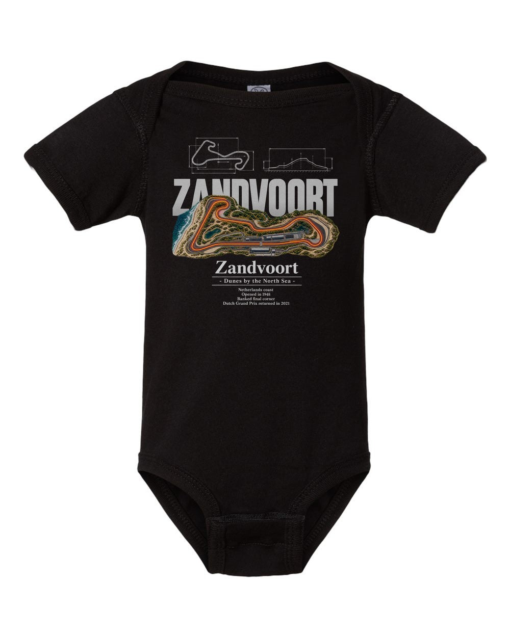 Zandvoort black baby onesie front view