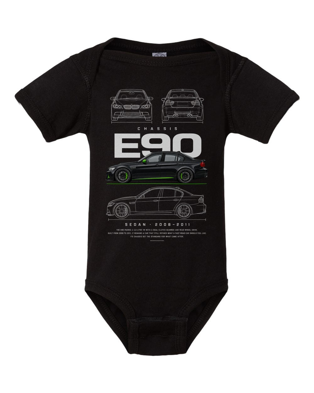 E90 artwork black baby onesie front view