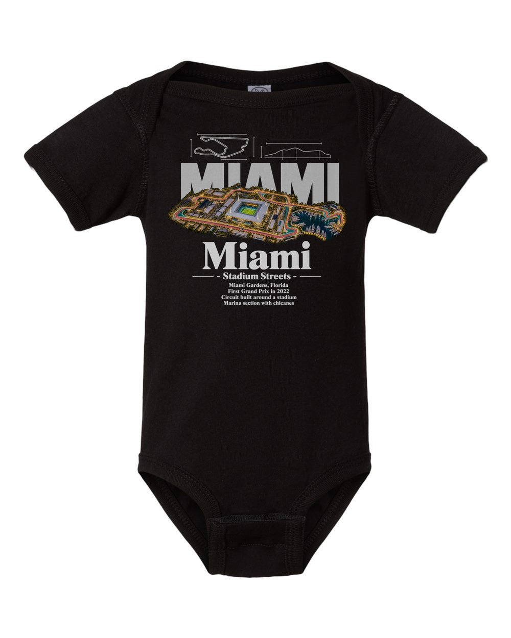 Miami black baby onesie front view
