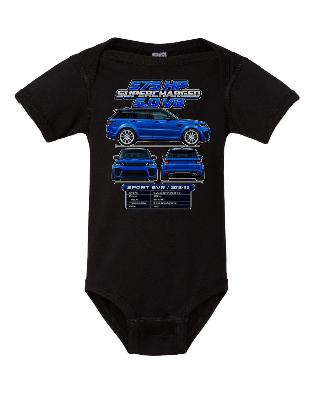 Range Rover Sport Svr spec sheet black baby onesie front view