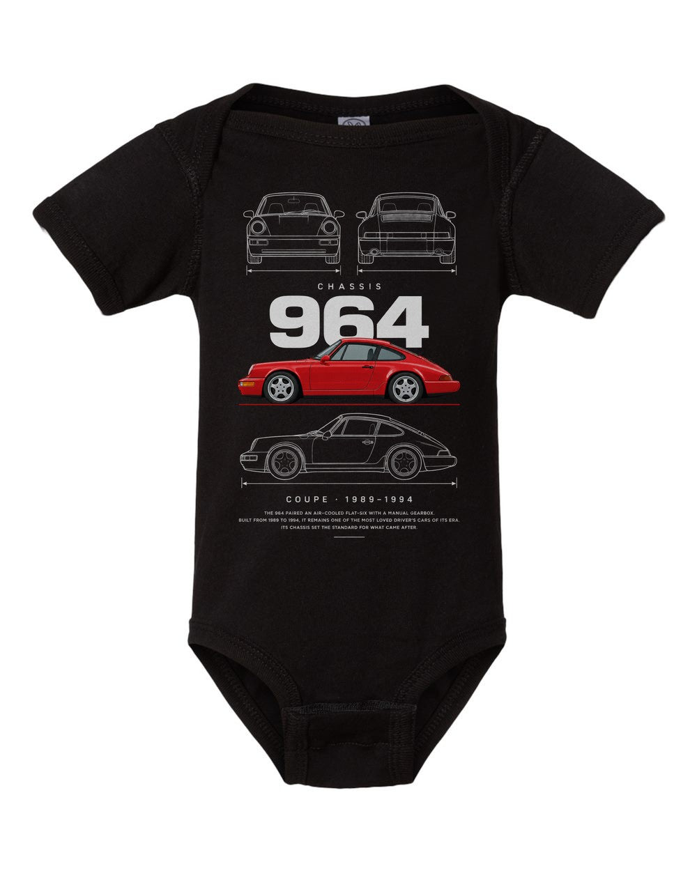 964 artwork black baby onesie front view