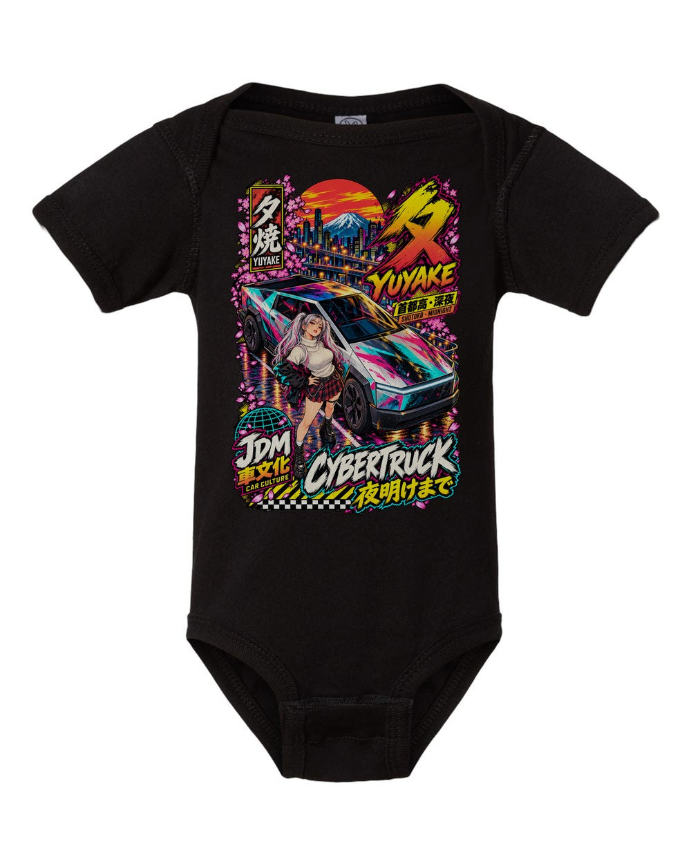 YUYAKE CYBERTRUCK black baby onesie front view with artwork