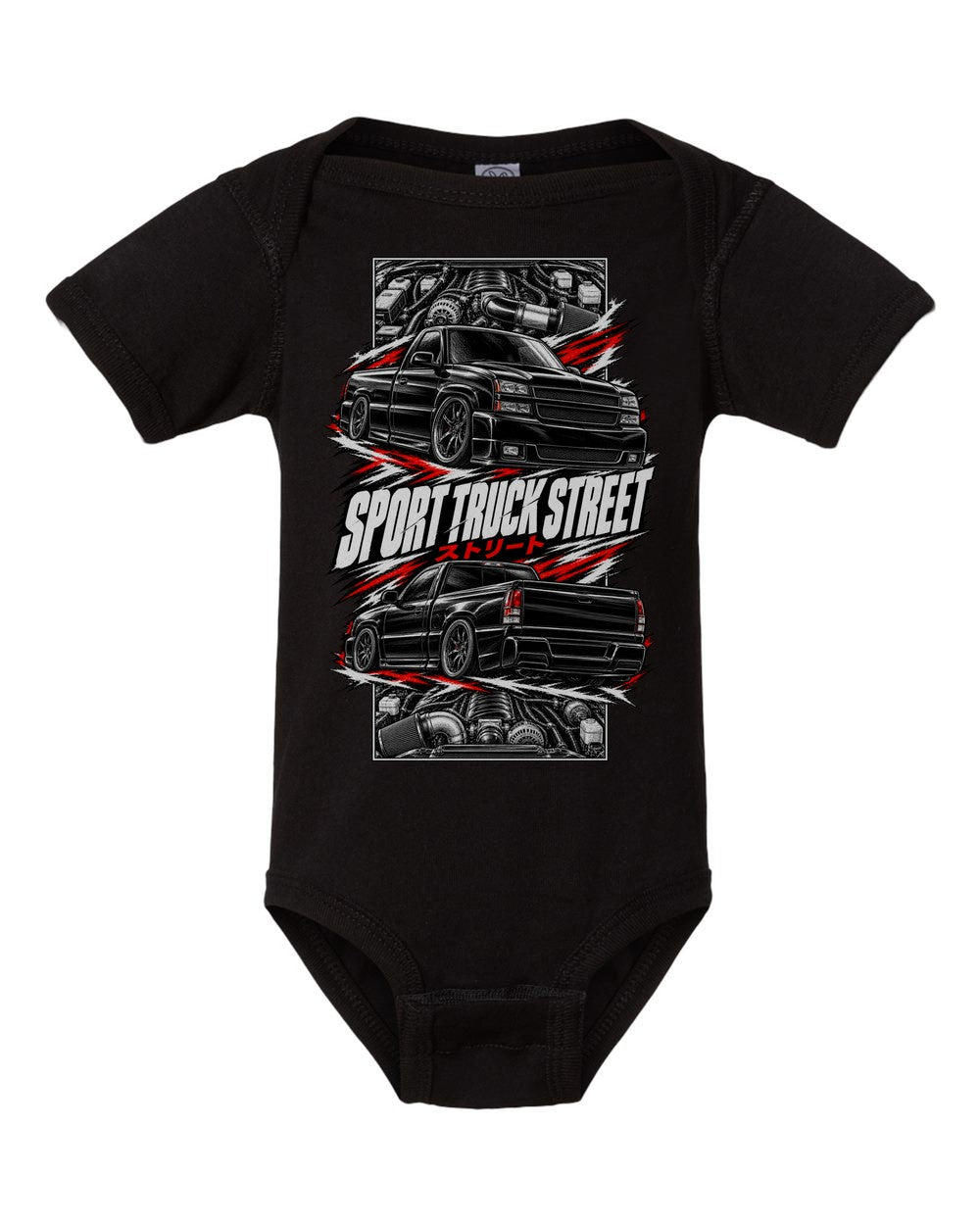Chevy Silverado SS torn poster black baby onesie front view