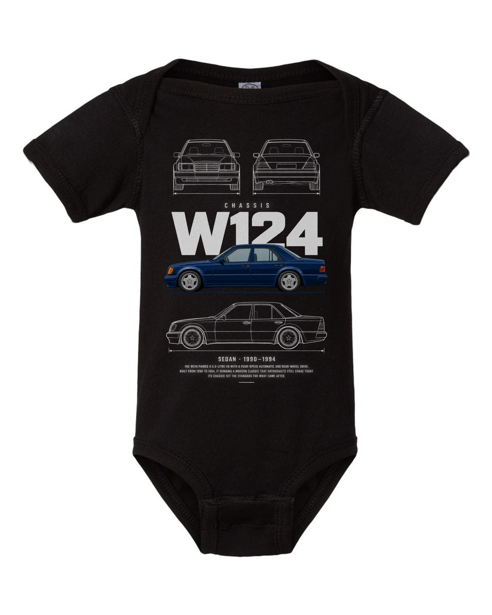 W124 artwork black baby onesie front view