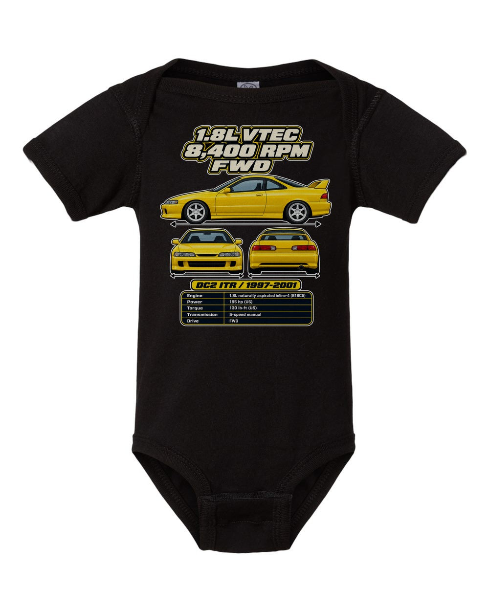 Acura Integra Type R Dc2 spec sheet black baby onesie front view
