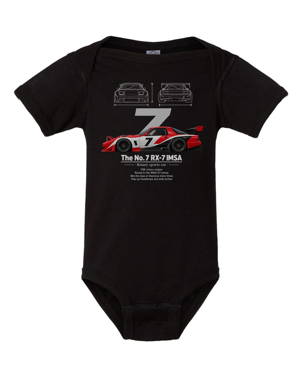 No. 7 RX-7 IMSA black baby onesie front view