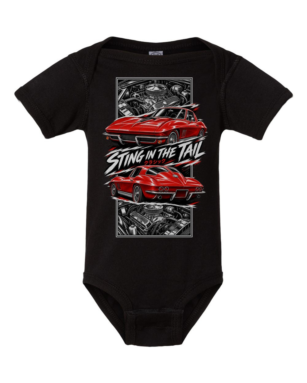 Corvette C2 torn poster black baby onesie front view