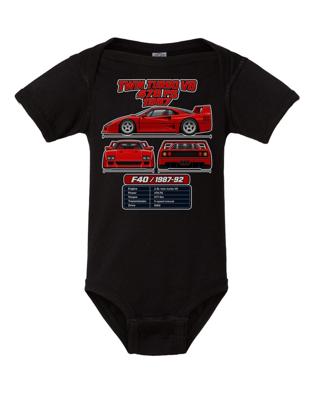 Ferrari F40 spec sheet black baby onesie front view