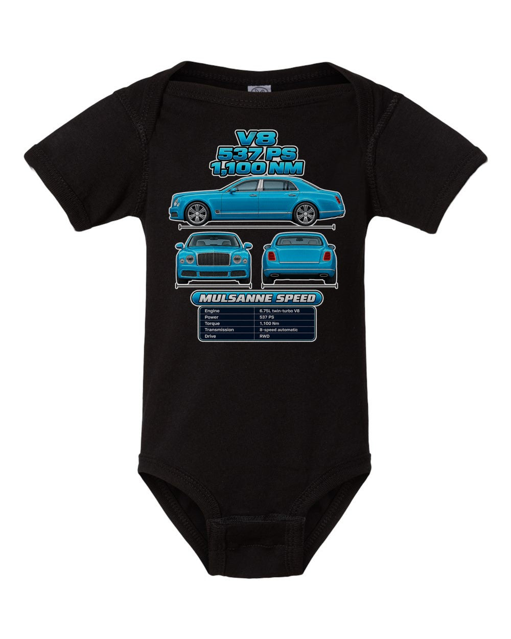 Bentley Mulsanne Speed spec sheet black baby onesie front view