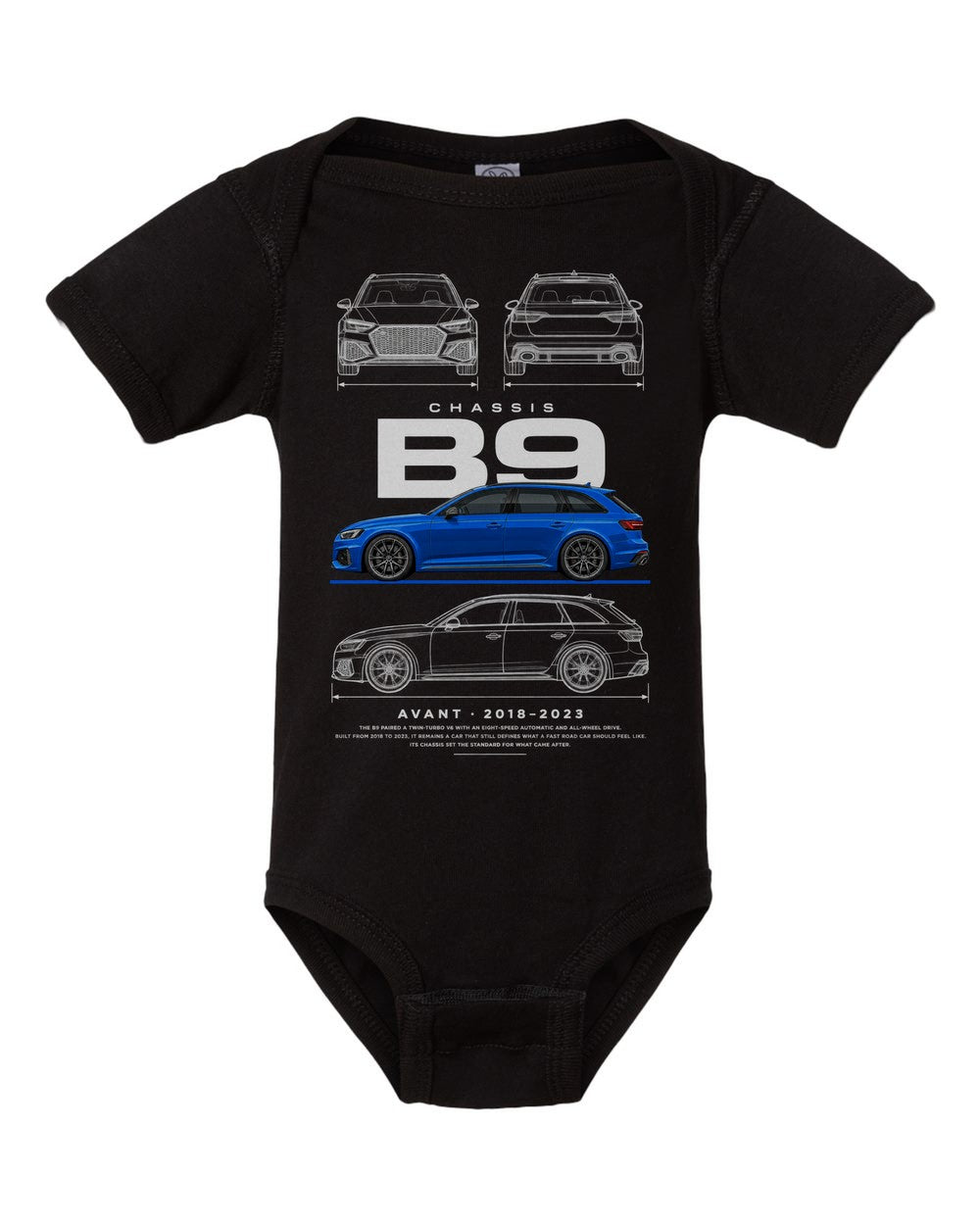 B9 artwork black baby onesie front view