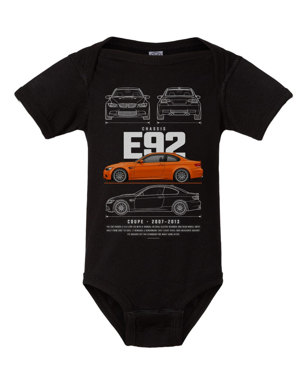 E92 artwork black baby onesie front view