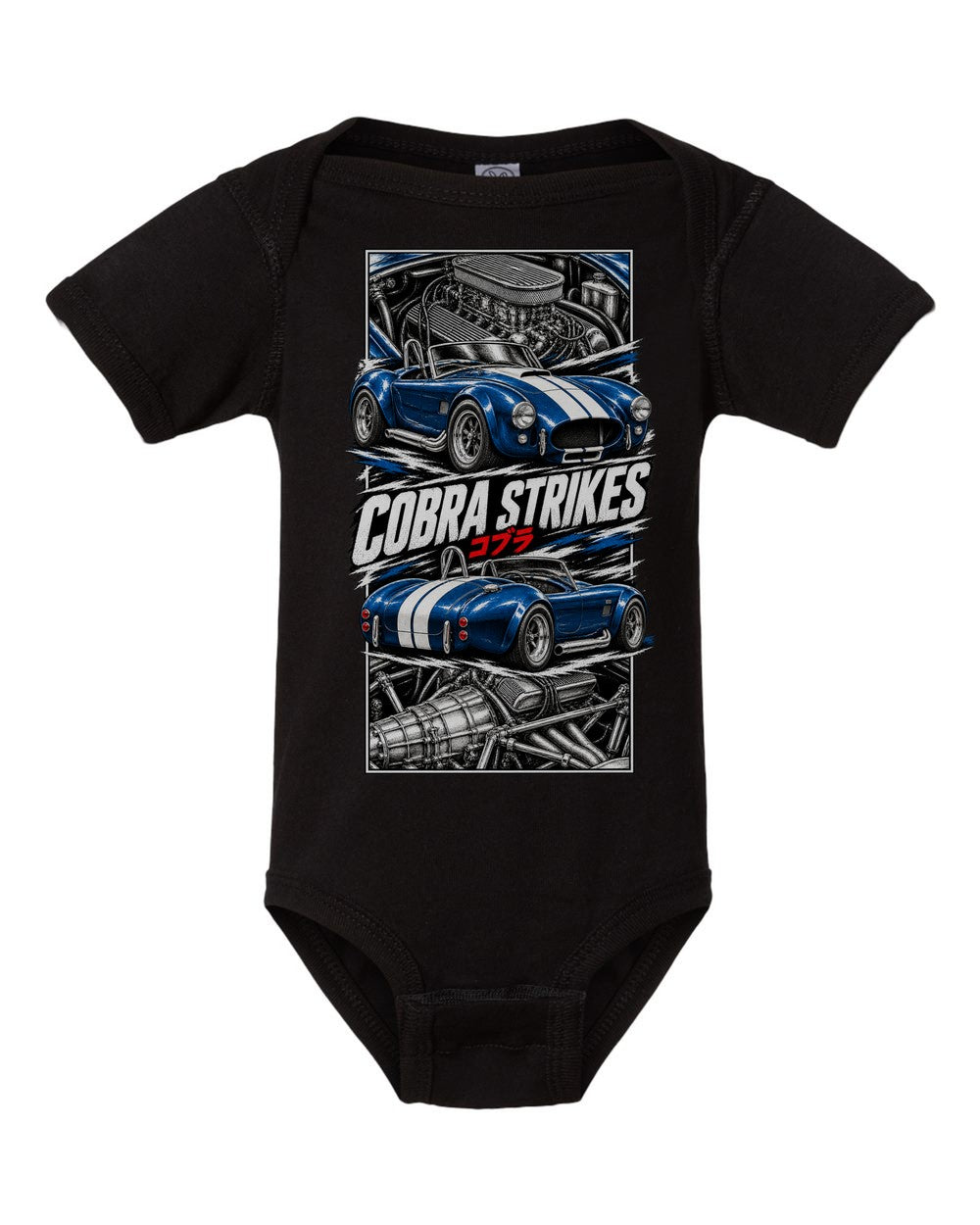 Shelby Cobra 427 torn poster black baby onesie front view